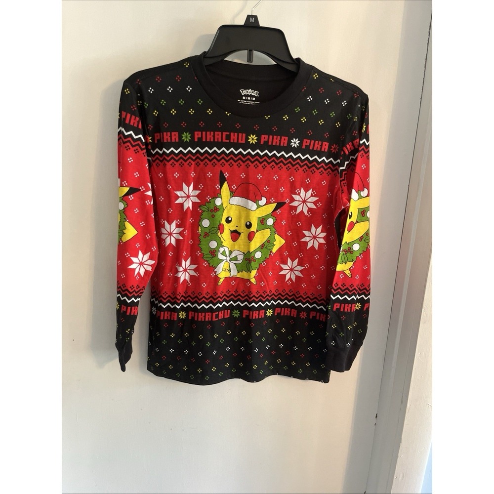 Pokémon Christmas Long Sleeve Shirt Pikachu wearing a Santa hat.